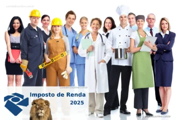 Grupo de trabalhadores de diferentes profissões com o letreiro 'Imposto de Renda 2025', representando contribuintes que precisam declarar o IR